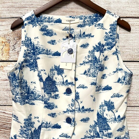 Commense Women’s Sleeveless Toile Print Vest Size L Blue Cream Button Front NWT - Picture 5 of 12
